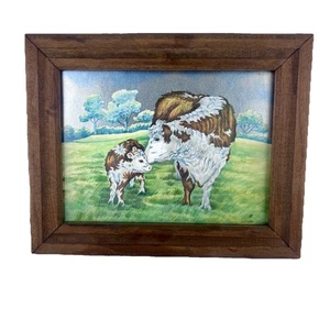 Vintage Foil Art Print Hereford Cow & Calf Sharing a Tender Moment 1989 10 X 8 - Picture 1 of 10