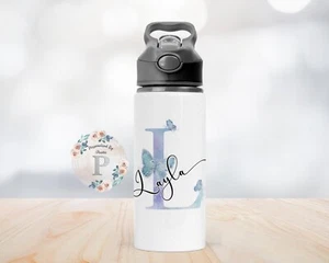 Personalised Butterfly Initial Metal Water Drinks Bottle Spill Proof Bottle - Picture 1 of 2