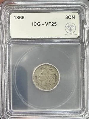 1865 Three Cent Nickel ICG VF-25 IDC Verified - Image 1 of 2