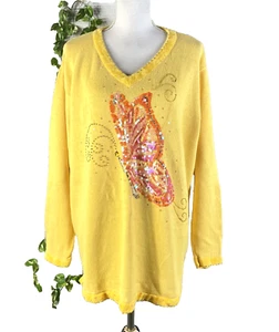 The Quacker Factory Sweater Plus size 1X Yellow Butterfly Sequins Beads Summer - Picture 1 of 15