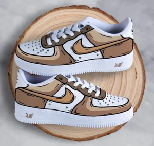 Air Force 1 Low Custom Womens White Shoes, Beige, Brown Sketched Black Outline - Picture 1 of 22