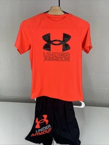 Boys Under Armour Youth Medium Red Shirt And Black YM Under Armour Shorts - Picture 1 of 9