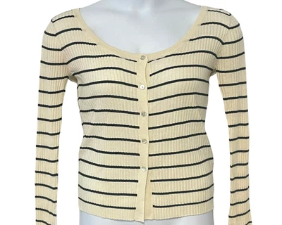 Cárdigan Zara Talla L Tejido Beige Negro Rayas Cuello Redondo Botón Frontal Ajustado Foto 1 de 4