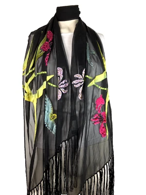 Sue Wong Noctourne Gasa y Corte Seda Floral Pájaro Bufanda Negra Foto 1 de 4