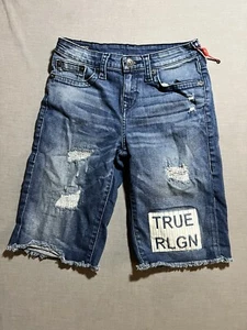 True Religion Geno Relaxed Slim Denim Jean Shorts Kids 14 Blue Denim Spell Out. - Picture 1 of 12