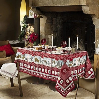 BEAUVILLE, A LA NEIGE (IN THE SNOW) RED WINTER FRENCH TABLECLOTH, 67" x 94", NEW - Image 1 of 4