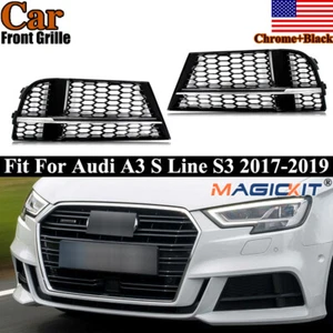 Chrome+Black Honeycomb Fog Light Grill Mesh Cover Fits Audi A3 S Line 2017-2019 - Foto 1 di 15