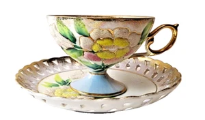 Vintage Hand Painted Yellow Raised Flowers Tea Cup Saucer Set Unique Collectible - Picture 1 of 8