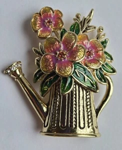 Napier Brooch Pin Watering Can Flowers Gardener Gold Tone Rhinestone Enamel NEW - Picture 1 of 14