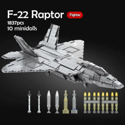 1837pc F-22 Raptor Fighter Model Building Blocks Set Jet Air Plane MOC Brick Toy - Image 1 of 4