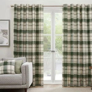 Eyelet Curtains 100% Cotton Balmoral Check by Fusion in Bottle Green - Picture 1 of 3