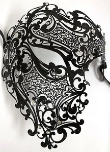 Black Phantom Laser Cut Venetian Mask Masquerade Metal Men Skull Filigree - Picture 1 of 3