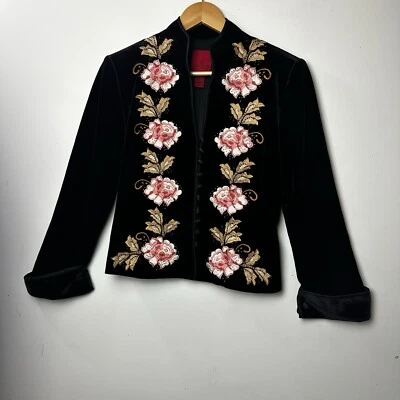 JS Collections Black Velvet Blazer Embroidered Floral Jacket Boho Whimsigoth 6P - Image 1 of 4