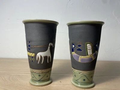 2 Japanese Ceramic Teacup Yunomi Vtg ARITA Sticker MCM Horse Chariot Canoe Black - Image 1 of 4