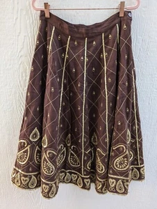Vintage WD-NY Brown Gold Beaded Embroidered Linen Midi Full Skirt Women's 10 - Picture 1 of 5