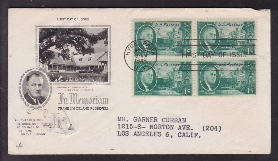 IN MEMORIUM FRANKLIN D. ROOSEVELT BLK. OF 4, FIRST DAY COVER 1945 - Image 1 of 1