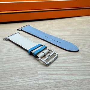 HERMES Apple Watch 45mm Light blue/White Leather Band Single Tour Used no box - Photo 1/9