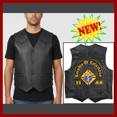 Knights Columbus Leather Vest Mens 2XL K of C Patch Biker Motorcycle Club Black - Image 1 of 4