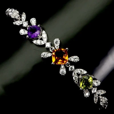 925 Sterling Silver Bracelet Cushion Amethyst 6mm Citrine Peridot Gemstone 6.5 - Image 1 of 4