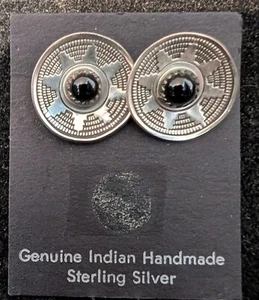 Navajo Sterling Silver Black Onyx Concho Stamped Post Earrings Sz 3/4" diameter - Picture 1 of 2