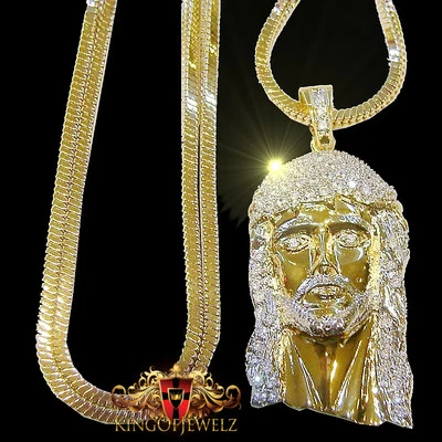 Cadena Chevron + Collar Hombre Acabado Tono Dorado Circonio Cúbico Cara Jesús Dije Foto 1 de 4