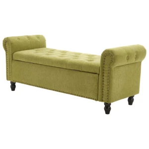 55.12" Green Storage Ottoman Linen Upholstered w/Rolled Arm Ottoman Bed Bench - Picture 1 of 22