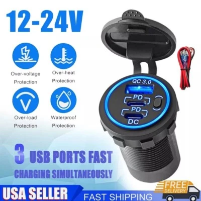 Type C Fast Car Charger PD & USB 3.0 3 Ports Outlet Socket 12-24V for Boat RV US - Image 1 of 4