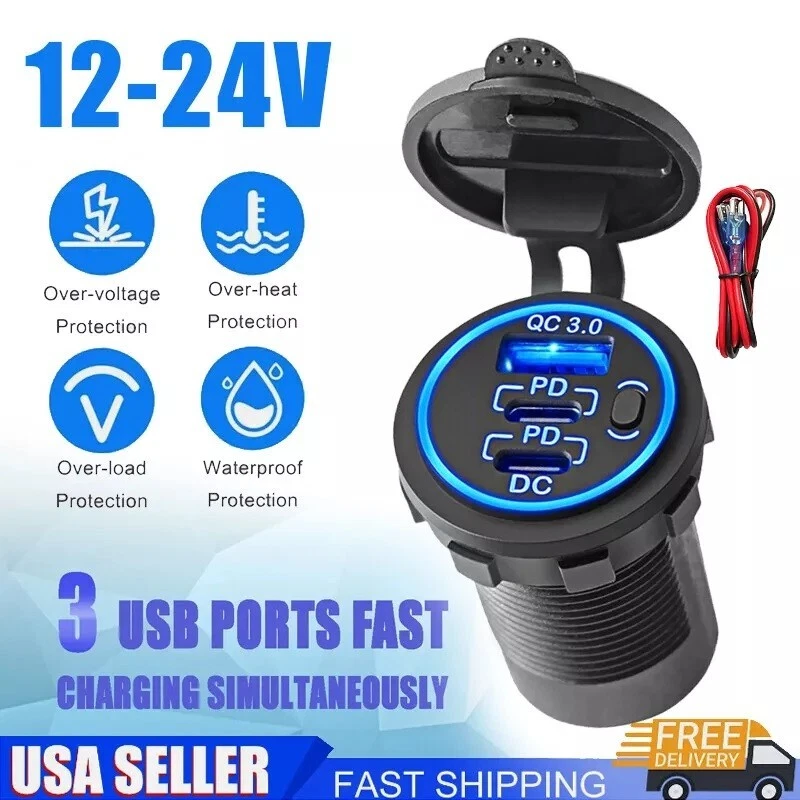 Type C Fast Car Charger PD & USB 3.0 3 Ports Outlet Socket 12-24V for Boat RV US - Image 1 of 4