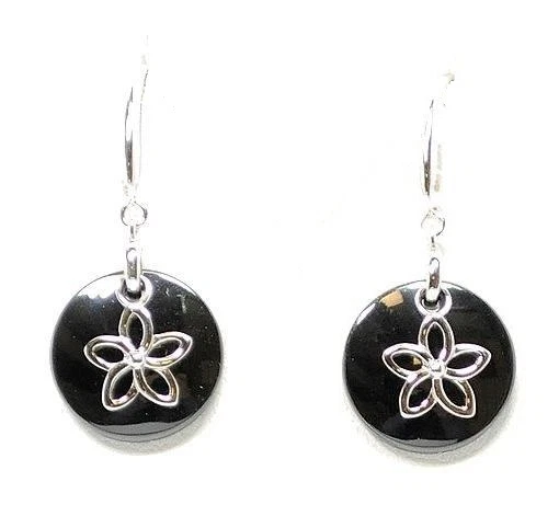 ROUND DISC BLACK CERAMIC RHODIUM 925 STER SILVER HAWAIIAN PLUMERIA HOOK EARRINGS Foto 1 de 1