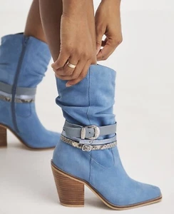 Joe Browns Bayou Blue Triple Strap Suede Cowboy Boot Ruched Extra Wide Fit UK6
