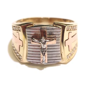 14K Yellow white rose CZ cubic zirconia cross crucifix religious ring band 8.4g - Picture 1 of 7