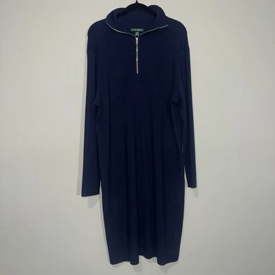 Vestido Suéter Ralph Lauren Azul Marino Mezcla de Lana Tejido con Cuarto de Cremallera Talla 2X Foto 1 de 4