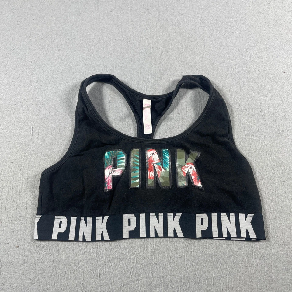 Sujetador deportivo Victoria's Secret ROSA para mujer L negro logotipo tropical espalda deportiva Y2K Foto 1 de 4