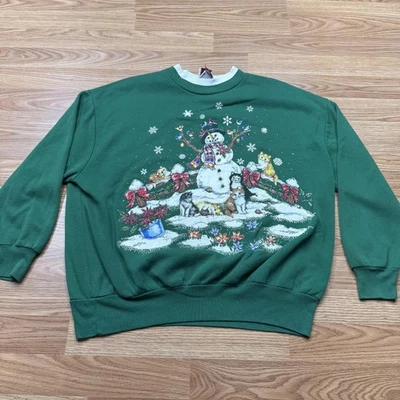 Sudadera Vintage Cascanueces Mujer XL Verde Navidad Muñeco de Nieve Hecha EE. UU. 90s Foto 1 de 4