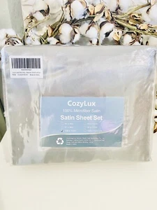 CozyLux Satin Sheets King Size - 4 Piece Light Grey Bed Sheet Set with Silky Mic - Picture 1 of 2