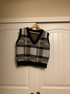 Shein Pullover Weste Large ärmellos schwarz weiß braun kariert Acryl Nylon Mischung - Bild 1 von 3