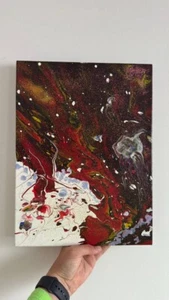 Abstract Acrylic Pour Painting on Canvas – Red Space Art 11.8"x15.7" - Picture 1 of 2