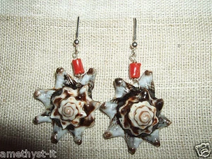 ORECCHINI PENDENTI SHELL CONCHIGLIA CORALLO ROSSO ARGENTO 925 SILVER SILBER - Picture 1 of 1
