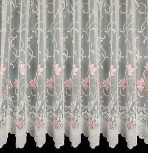 Hand Painted White Net Curtain With Pink Flowers and Green Leaves Free postage - Picture 1 of 3