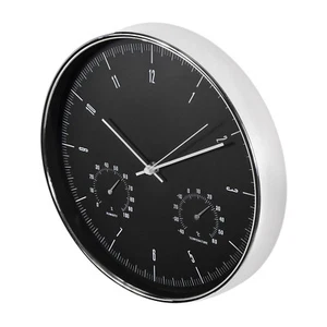 Silent Wall Clock 30cm 12" Silver & Black with Thermometer Hygrometer Home Decor - Picture 1 of 8