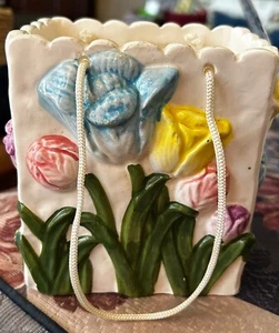 Vtg Ceramic Basket Floral Tulips Vase Planter Container - Picture 1 of 6
