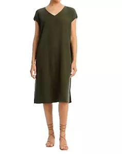 Eileen Fisher V-Neck Crepe Tee Dress SEAWEED GREEN Side Slits Size L ~NWT - Picture 1 of 2