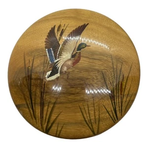 Ente fliegt im Schilf Myrte Holz Gemälde Plakette Wandbehang Vintage Oregon 70er - Bild 1 von 6