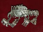 Vtg Jj Pewter Tone Noahs Arc Pin Brooch With Dangling Animals Cute