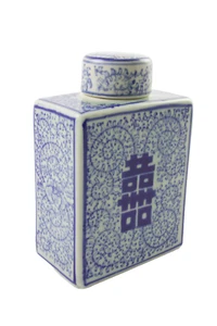 Vintage Chinese Blue & White Porcelain Double Happiness Tea Caddy Canister Jar - Picture 1 of 7