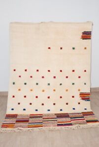 Beni Ourain Moroccan Wool Rug 5x8 Ft Handmade Beige Geometric Living Room Carpet