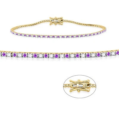 Lab Grown Diamond & Genuine Amethyst 14K Solid Yellow Gold Tennis Bracelet 2Ct - Image 1 of 4