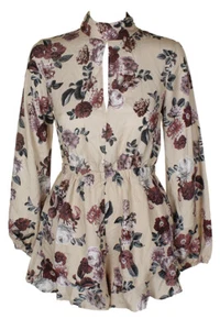 MinkPink Beige Múltiple Manga Larga Burlarse Cuello Toulouse Floral Print Mono S - Imagen 1 de 3