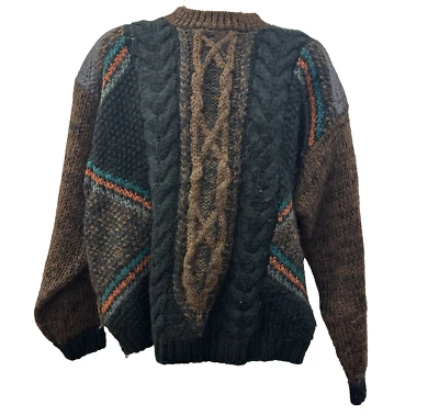 Men XL Vintage Street Scenes Sweater Leather Patch Long Sleeve Cable Knit - Image 1 of 4