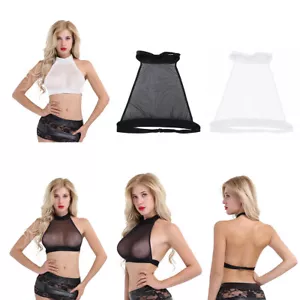 Women Backless Halter Transparent Mesh Sheer Crop Top T-Shirt Blouse Tee Tops - Picture 1 of 9